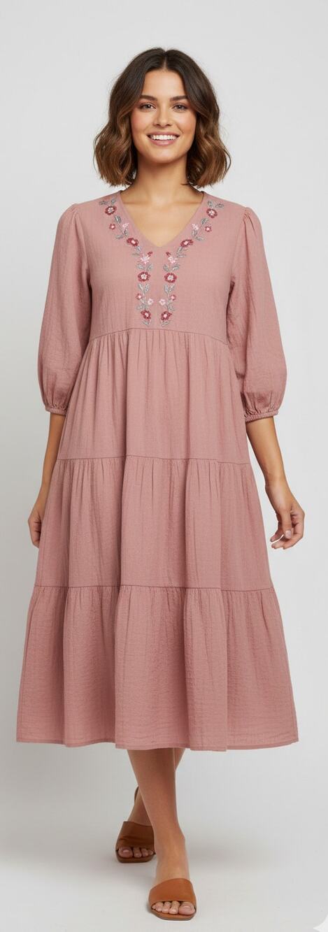 Preswick & Moore Women Medium Terracotta Mauve Pink Embroidered Tiered Dress